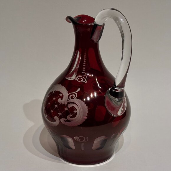 Egermann Bohemian Ruby Red Cut To Clear Etched Glass Cruet Czech Republic 8” - Picture 8 of 12